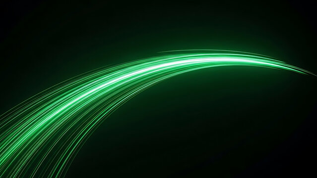 Bright green light streaks curving across dark background abstract motion curve