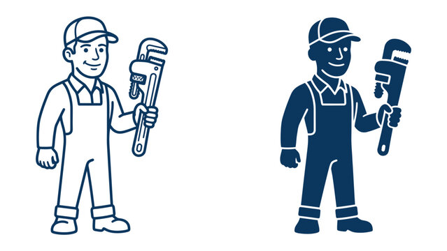 Plumber Iconography: A stylized illustration of a plumber character in overalls and a cap, holding a wrench. Features both a line art and a solid silhouette version.