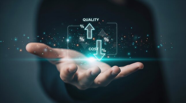 Business concept of increasing quality and decreasing cost holographic interface with business optimization efficiency improvement strategy management hologram