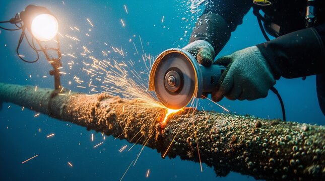 Underwater industrial welding of a metal pipe by a professional commercial diver using a power tool creating sparks with underwater industrial professional engineering