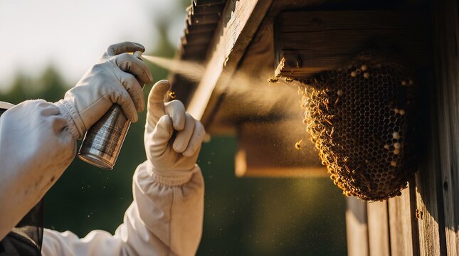 Close-up of a pest control worker wearing protective gear spraying a wasp nest on a wooden surface at sunset with exterminator protective insecticide stinging