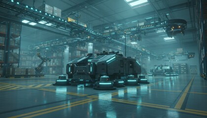 Fototapeta premium Automated robotic vehicles move through modern high tech warehouse distribution center with industrial conveyor systems and organized shelving