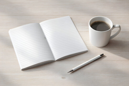 Open notebook with pen and coffee cup on wooden desk