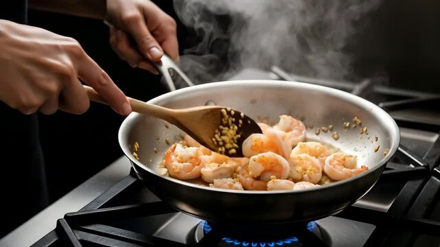 Chef cooking shrimp with garlic in a stainless steel pan