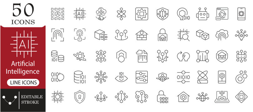 Artificial intelligence line icons set with editable stroke for machine learning, big data technology, and digital robotics concept. Line icons set