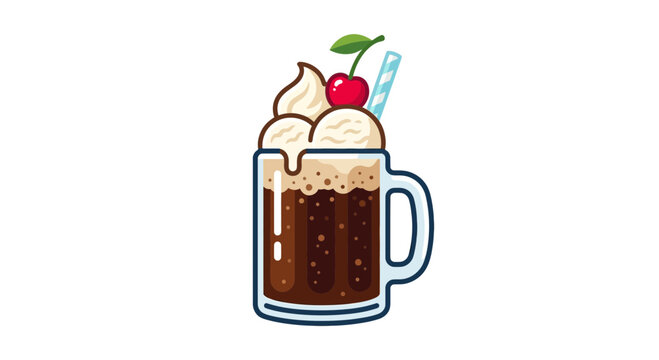 Root beer float mug with vanilla ice cream and cherry summer icon