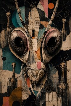 Surreal Ant Portrait Collage with Abstract Geometric Shapes and Vintage Paper Texture