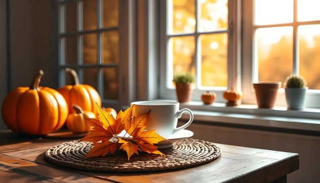 Inviting autumn scene with vibrant pumpkins, colorful fall leaves, and a warm cup by a sun-drenched window, embodying the cozy and peaceful essence of the season