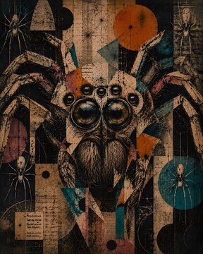 Surreal Spider Portrait Collage with Abstract Geometric Shapes and Vintage Paper Texture