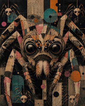 Surreal Spider Portrait Collage with Abstract Geometric Shapes and Vintage Paper Texture