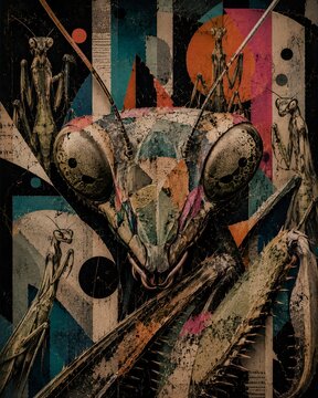 Surreal Praying Mantis Portrait Collage with Abstract Geometric Shapes and Vintage Paper Texture