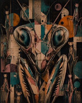 Surreal Praying Mantis Portrait Collage with Abstract Geometric Shapes and Vintage Paper Texture