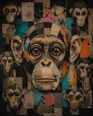 Surreal Chimpanzee Portrait Collage with Abstract Geometric Shapes and Vintage Paper Texture © amino2003