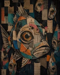 Surreal Fish Portrait Collage with Abstract Geometric Shapes and Vintage Paper Texture © amino2003
