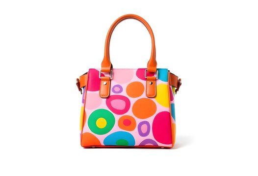 Vibrant Multi-Colored Designer Handbag Featuring Abstract Polka Dot Patterns and Leather Handles on a White Background