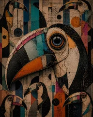 Surreal Toucan Portrait Collage with Abstract Geometric Shapes and Vintage Paper Texture © amino2003