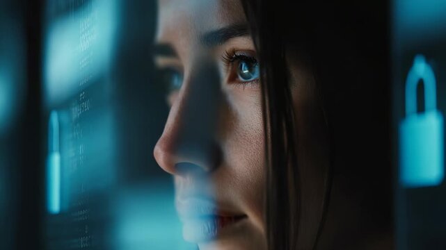 A young woman intently examines digital code on a monitor, her face reflecting concentration and determination. The blue glow highlights themes of innovation and data security