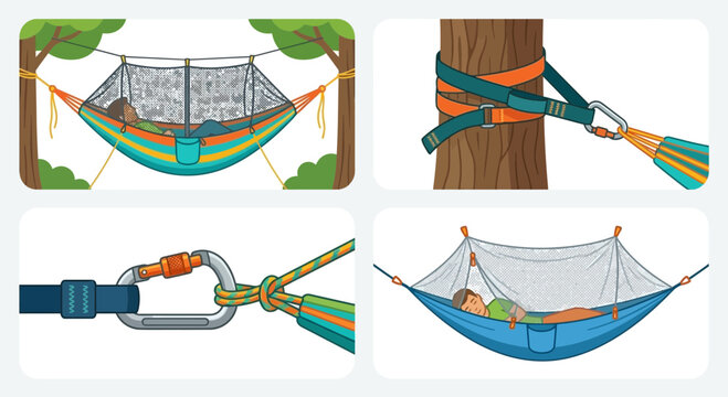 Camping hammock with mosquito net and gear summer icon elements