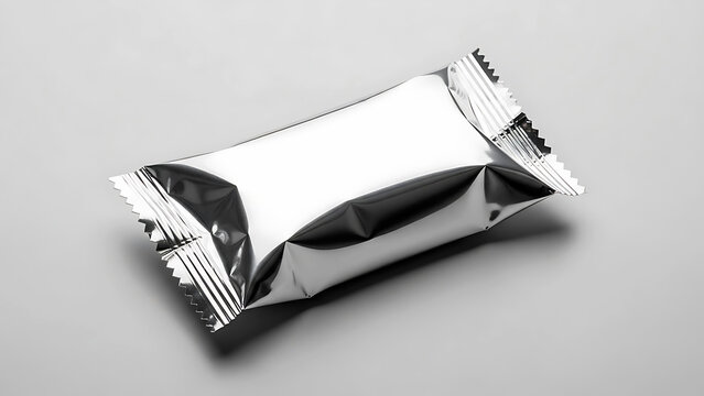 Silver foil wrapped snack bar on a plain gray background wrapper