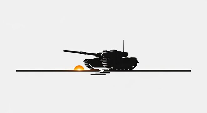 Military tank silhouette firing cannon with explosion effect.