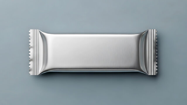 Silver foil wrapper with serrated edges on a muted blue background packaging snack