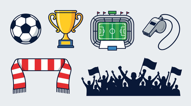 Soccer and Football Equipment and Supporter Vector Icon Set