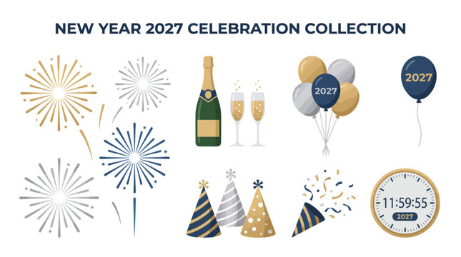 New Year 2027 Celebration Icon Set with Fireworks and Champagne