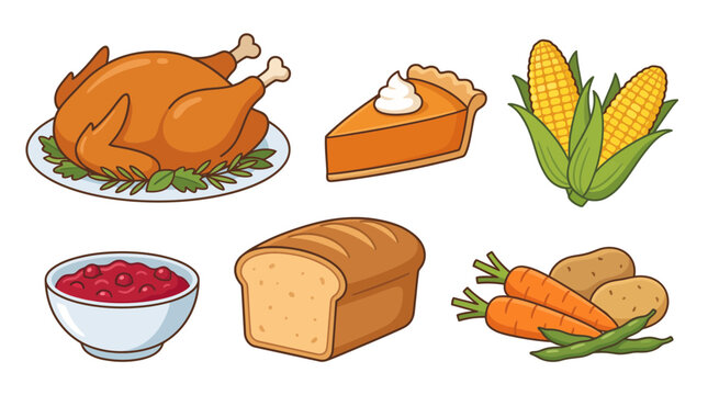 Traditional Thanksgiving dinner food icons vector illustration set