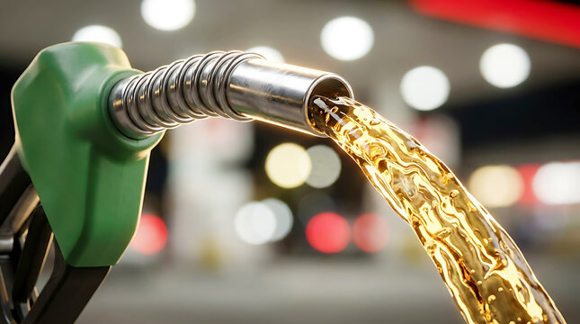 Gasoline Fuel Pouring From Petrol Pump Nozzle Into Tank Close Up View
