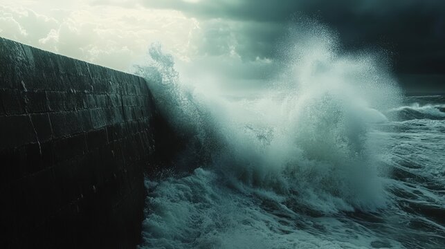 Powerful ocean waves crash against a solid stone breakwater during a stormy day.