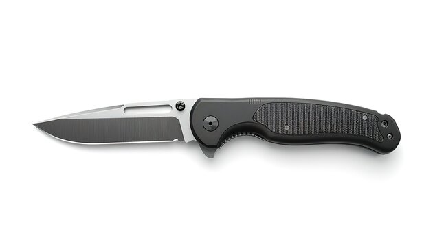 Modern folding pocket knife with black textured handle isolated on white.