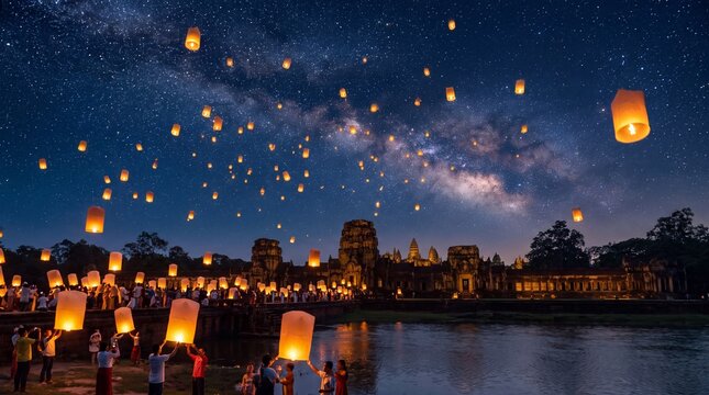 Magical Sky Lantern Festival Soars Above Ancient Angkor Wat Temple Under a Breathtaking Milky Way Night Sky