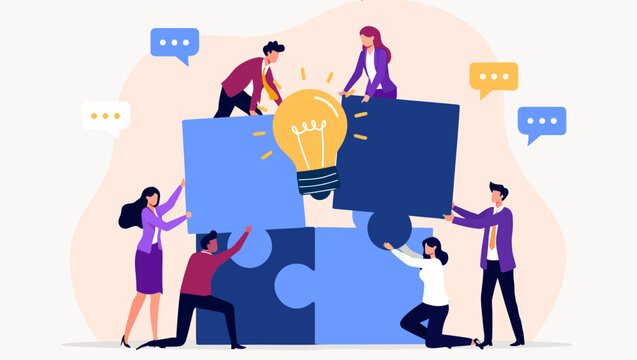 Professional business team working together to assemble large blue jigsaw puzzle pieces under a glowing yellow lightbulb representing a creative spark of innovation and strategy