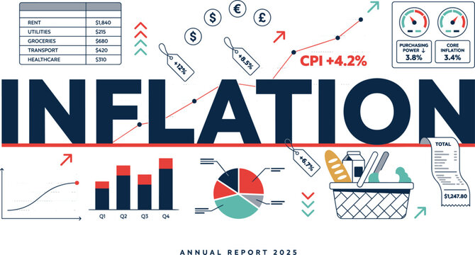  Inflation Word Concept with CPI Growth Chart, Price Tags, Currency Symbols, Grocery Basket and Receipt for Economy Vector Design