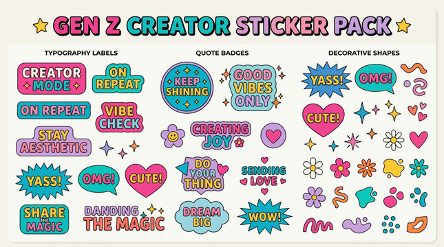 Gen Z Creator Sticker Pack with Trendy Typography and Graphics.