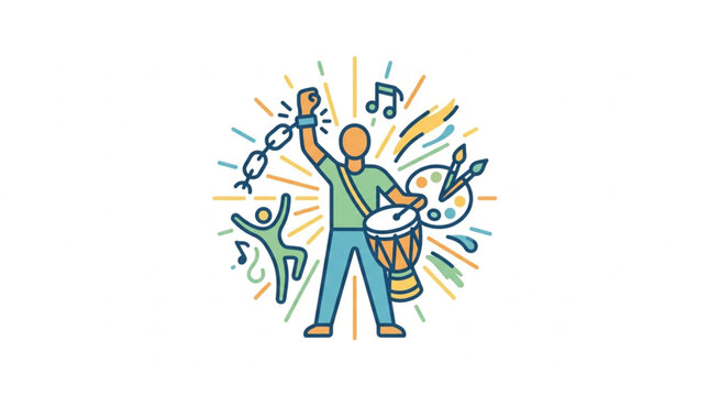 Man breaking chains with drum and art supplies celebrating freedom.