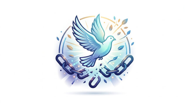 Dove flying from broken chains held by hands symbolizing freedom and peace.