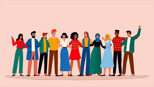 Diverse group of young people standing together in a line smiling while wearing casual colorful clothing in this bright flat vector illustration for modern design projects