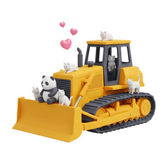 Obraz premium Cute 3D Render of a Yellow Bulldozer with Cats and Panda
