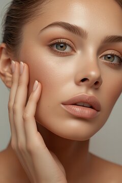 Closeup portrait of a young woman with natural makeup and glowing skin.