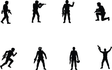 Obraz premium Military Soldier Silhouette Vector Collection Featuring Tactical Combat Poses Armed Personnel and Defense Action Icons Set