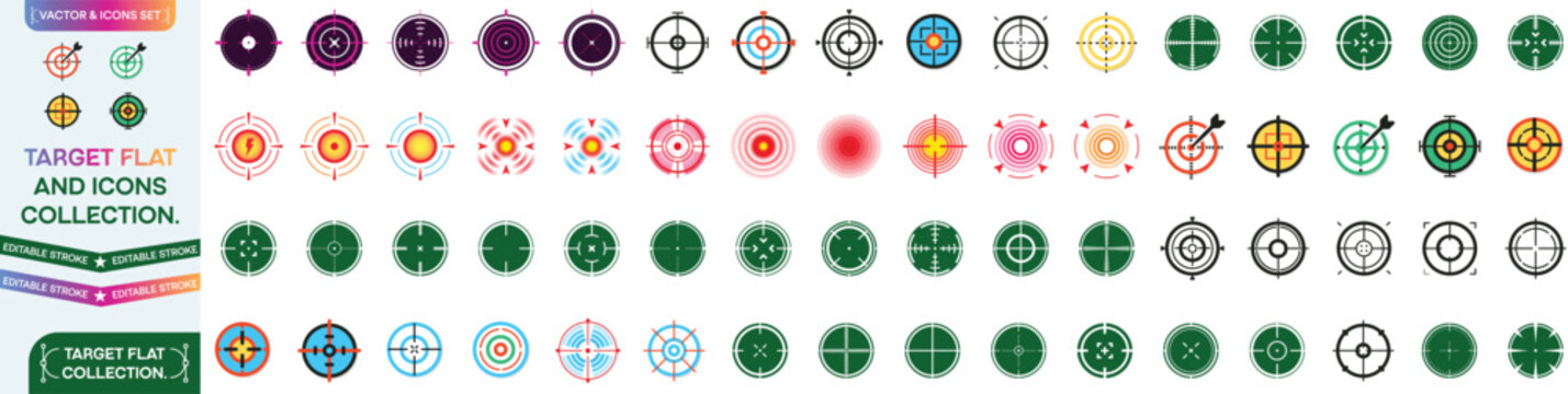 Target flat icons collection. Colored targets in different styles big set. Aim gun icons. Aim sniper shoot icons. Set of take aim target icon. Vector illustration.