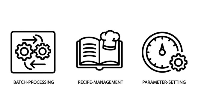 Industrial manufacturing and recipe management icons with processing management parameter industrial manufacturing production automation technology engineering operation mechanical industry