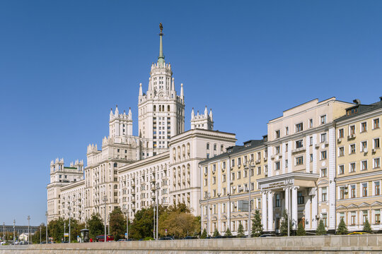 Moscow, Russia - September 11, 2025: Kotelnicheskaya embankments and soviet high-rise. Moscow river scape.