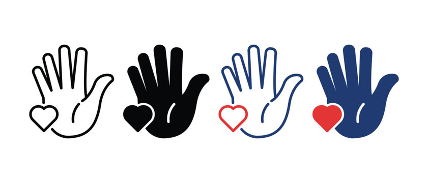Palm of Hand and Heart Icon. Symbol of Volunteering Pictogram. Charity and Donation Concept. Shape of Heart and Hand Icon. Editable Stroke. Isolated Vector Illustration