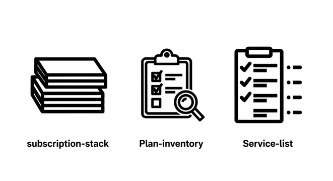 Business process line icons set featuring subscription stack plan inventory and service list subscription inventory business planning management logistics workflow operation tracking