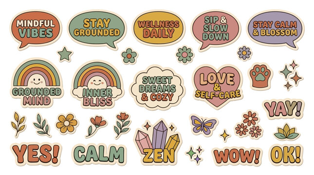 Retro Boho Vibes Motivational Quotes and Symbols Sticker Pack.