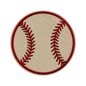 Circular baseball patch with red embroidered stitching, beige fabric texture, and a thick red border isolated on a white background