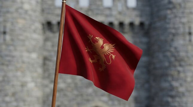 Red medieval flag with golden griffin emblem waving on a flagpole, stone castle fortress background, heraldic banner, fantasy kingdom concept, royal sigil.