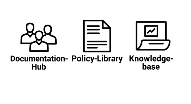 Information management documentation and knowledge base icon set with documentation knowledge information management database business research organization resources documents learning